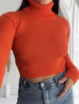 Polera tejida color naranja, de corte crop y cuello alto.