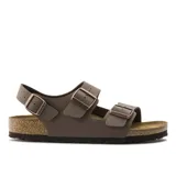 Sandalias Birkenstock Milano de cuero sintético color marrón con hebillas ajustables de metal color cobre.