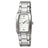 Reloj analógico de pulsera para mujer con caja rectangular y malla de acero inoxidable plateado. Presenta una esfera minimalista con dos incrustaciones de cristales en las posiciones de las 12 y las 6.