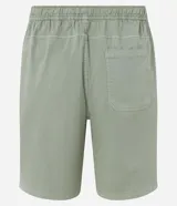Bermuda de sarga lavada color gris oscuro, con cintura elástica ajustable mediante lazo, bolsillos laterales y corte recto.