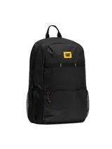 Mochila Caterpillar modelo Liam Backpack, color negro, con compartimento principal con cierre, bolsillo frontal con cierre, bolsillos laterales de malla y detalles en amarillo.