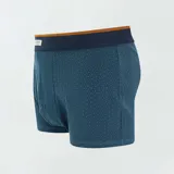 Pack de tres bóxers ajustados de algodón en tonos azul, verde oscuro y celeste con estampado geométrico y cinturillas elásticas con detalle contrastante.