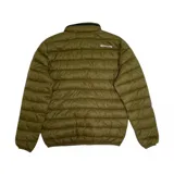 Campera puffer verde militar con cierre frontal, cuello alto y logo de la marca en el pecho.