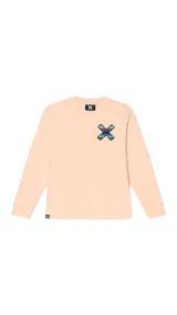 Sudadera color durazno de corte holgado con cuello redondo, puños y bajo acanalados. Estampado en la espalda con una cruz formada por motivos étnicos y logo de la marca en la parte superior.