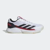 Championes de pádel Adidas Courtquick diseñados para movimientos rápidos, con exterior textil liviano en color blanco y detalles en negro y rojo. Incorporan tecnología Bounce en la mediasuela y acolchado Cloudfoam para mayor confort, además de puntera Adituff y suela Adiwear resistente al desgaste.