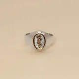 Anillo tipo sello de plata 925 con aplique central de oro 18k que presenta el símbolo del caduceo de la medicina sobre un fondo texturizado.