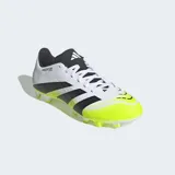 Championes de fútbol Adidas Predator Club FG/MG con exterior sintético de textura Strikeprint para mejor control de la pelota. Presentan un diseño en color blanco con las tres tiras características en negro y detalles en amarillo flúor en la puntera y suela multiterreno.