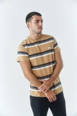 Remera de hombre de manga corta con cuello redondo y ajuste regular. Presenta un diseño a rayas horizontales en tonos tostado, azul marino y blanco, con el logo de la marca bordado en el pecho.