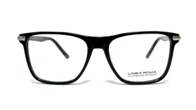 Anteojos de receta Linea Roma con armazón de acetato negro de forma rectangular y detalles metálicos en las esquinas.