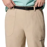 Pantalón cargo Columbia Brea Falls de color beige, confeccionado con tecnologías Omni-Shade y Omni-Shield para protección solar y repelencia a líquidos. Cuenta con cintura elástica parcial, cinturón integrado, amplios bolsillos delanteros y traseros, y perneras de corte recto.