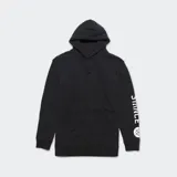 Canguro negro con capucha y cordones ajustables, bolsillo tipo canguro y puños y cintura acanalados. Estampado blanco con el logo de la marca en la manga izquierda.