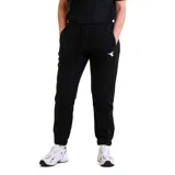 Pantalón deportivo de mujer color blanco hueso, con cintura elástica y cordón ajustable. Presenta un pequeño logo negro en el muslo izquierdo y puños ajustados en los tobillos.