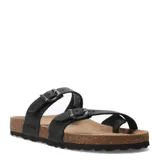 Sandalias de cuero negro con diseño de dos tiras ajustables con hebillas metálicas y suela anatómica de corcho con base de goma antideslizante.