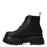 Botas tipo borceguí de caña media, color negro, con plataforma dentada y cierre frontal con cordones.