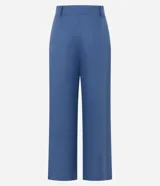 Pantalón de vestir azul de corte palazzo, tiro alto, con pinzas delanteras y bolsillos laterales.