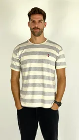 Remera de manga corta con diseño de rayas horizontales en tonos gris y beige, con cuello redondo y pequeño logo bordado en el pecho.