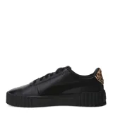 Championes Puma modelo Carina 3.0 Animal Flair, de diseño urbano con plataforma. Presentan una capellada de cuero sintético negro con el logo de la marca en dorado y suela de goma robusta con textura acanalada.