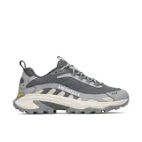 Championes de trail running Merrell modelo Moab Speed 2 Sport, color gris con detalles en beige. Presentan empeine de nailon ripstop y TPU, entresuela de espuma FloatPro y suela Vibram TC5+ para un agarre excepcional en terrenos irregulares.