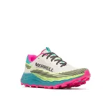 Championes de trail running Merrell Agility Peak 6, color blanco con detalles en verde lima, fucsia y turquesa. Incorporan suela Vibram y tecnología FlexConnect.