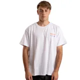 Remera blanca de algodón con logo Rivvia estampado en el pecho en color naranja y azul.