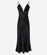 Vestido largo negro de satén con escote pronunciado en V y detalle de recorte central en el busto. Posee breteles finos ajustables y silueta alargada con leve cola en el ruedo.