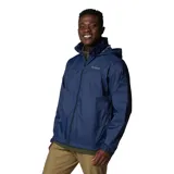Campera impermeable Columbia modelo Glennaker Lake, color azul marino. Presenta cierre frontal completo, capucha oculta en el cuello, bolsillos laterales con cierre y puños ajustables. Diseño ligero y funcional con tecnología Omni-Shield para protección contra la humedad.