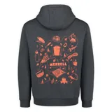 Buzo canguro con capucha Merrell Trails-H de color gris oscuro, con bolsillo tipo sobre en el frente, cordones ajustables y el logo de la marca estampado en color naranja en el pecho.