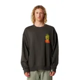 Buzo de cuello redondo color negro, con estampa gráfica en el pecho que incluye texto y diseño técnico en tonos amarillos y naranjas. Presenta un corte holgado y puños elásticos.