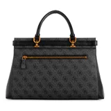 Cartera de mano Guess modelo Sestri Logo de piel sintética con estampado monograma y detalles en color negro. Cuenta con cierre de cremallera, doble asa superior, bandolera ajustable y desmontable, y herrajes metálicos dorados.