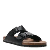 Sandalias de dos bandas negras con hebillas ajustables, base de corcho y suela de goma antideslizante.