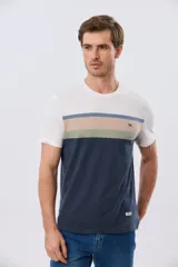 Remera de algodón con diseño de bloques horizontales de colores blanco, azul, beige y verde, de manga corta y cuello redondo.