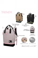 Mochila Moda Trendy de color beige con base y asas superiores negras, detalles en celeste claro y parche con el logo de la marca en el frente. Cuenta con bolsillos laterales y correas ajustables para la espalda.