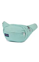 Riñonera negra de la marca JanSport, modelo Fifth Avenue, con parche frontal de la marca y cierres metálicos.