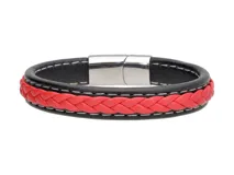 Pulsera de cuero negro con trenzado de cuero rojo en el centro y cierre metálico plateado.