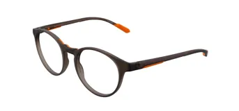 Armazón de acetato color marrón con detalles en naranja, de forma redonda.