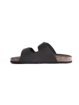 Sandalia tipo Birkenstock color negro con doble tira ajustable mediante hebillas metálicas y plantilla de corcho.