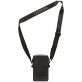Bolso bandolera negro con textura de glitter, cierre superior y correa de tela negra con el logo de Havaianas en blanco.