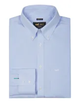 Camisa de manga larga RKF para hombre, de color celeste con micropadrones en tono azul, cuello abotonado y bolsillo en el pecho con el logo de la marca bordado.