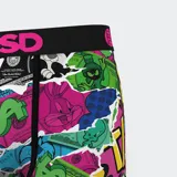 Calzoncillos tipo bóxer de la marca PSD con estampado de billetes, personajes de Looney Tunes y el logo de la marca.