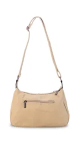 Cartera bandolera color marrón con correa ajustable, dos compartimentos principales con cierre, un bolsillo frontal con cierre y un bolsillo frontal con solapa y botón.