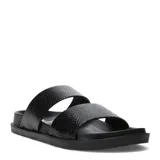 Sandalias de mujer Miss Carol modelo Vinka, de tipo slide con dos tiras anchas en color negro con textura de efecto reptil.