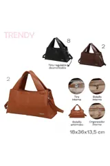 Cartera Trendy de cuero sintético color marrón camel, con doble asa corta de mano y correa larga ajustable y desmontable. Cuenta con costuras decorativas visibles y detalles de herrajes metálicos plateados con el logo de la marca en la parte frontal.