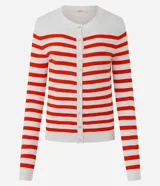 Cardigan de punto Marfinno con diseño de rayas horizontales rojas y blancas, de corte ajustado, cuello redondo, manga larga y cierre frontal con botones.
