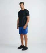 Remera deportiva de poliéster color gris claro, con cuello redondo, mangas cortas y recortes laterales de poliamida. Corte clásico.