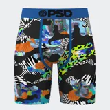 Calzoncillos bóxer estampados con diseño abstracto multicolor, cintura elástica azul con logo PSD en negro, entrepierna de 7 pulgadas y bolsa MicroMesh transpirable.