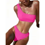 Bikini de dos piezas con textura acanalada, color amarillo. El top es de diseño asimétrico de un solo hombro y la parte inferior es de corte vedetina.