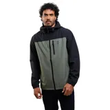 Campera cortaviento Maui and Sons, diseño bicolor en negro y verde militar. Cuenta con capucha ajustable, cierre frontal completo, bolsillo vertical con cierre en el pecho y puños elásticos.