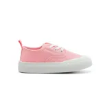 Championes deportivos de lona color rosa con suela blanca y cordones blancos.