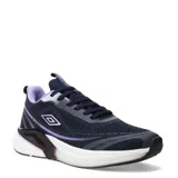 Championes deportivos Umbro modelo Vex, color azul marino con detalles en violeta y suela blanca. Presentan un diseño de malla transpirable con refuerzos sintéticos y logo de la marca en el lateral.