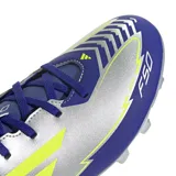 Championes de fútbol Adidas F50 Club FG Messi, unisex, color plateado con detalles en azul y amarillo.
